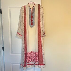 Elegant Red and White Ethnic-style Women's Dress